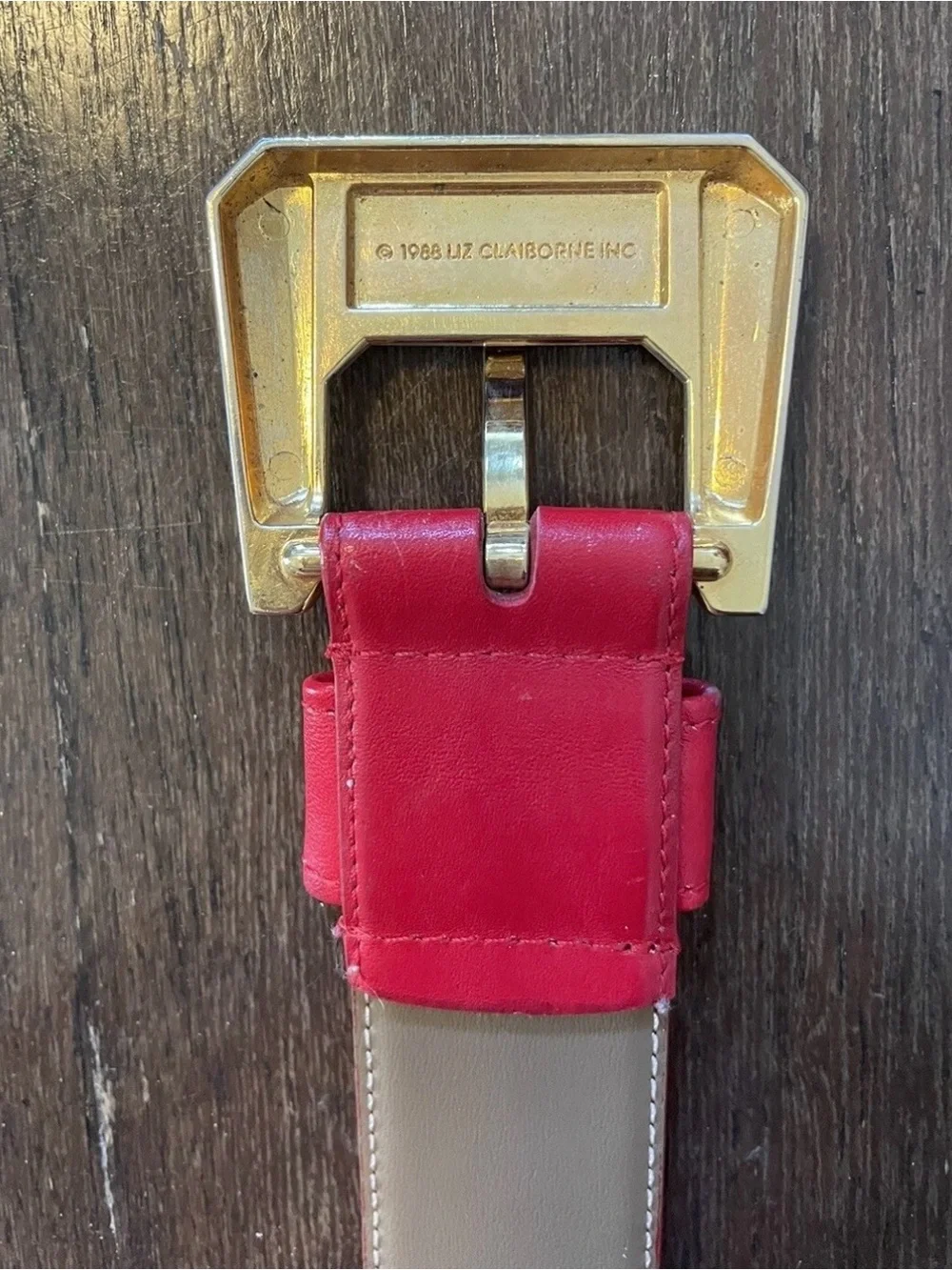 Vintage Liz Claiborne Genuine Leather Belt Red 35” Long Size Medium Gold Colored